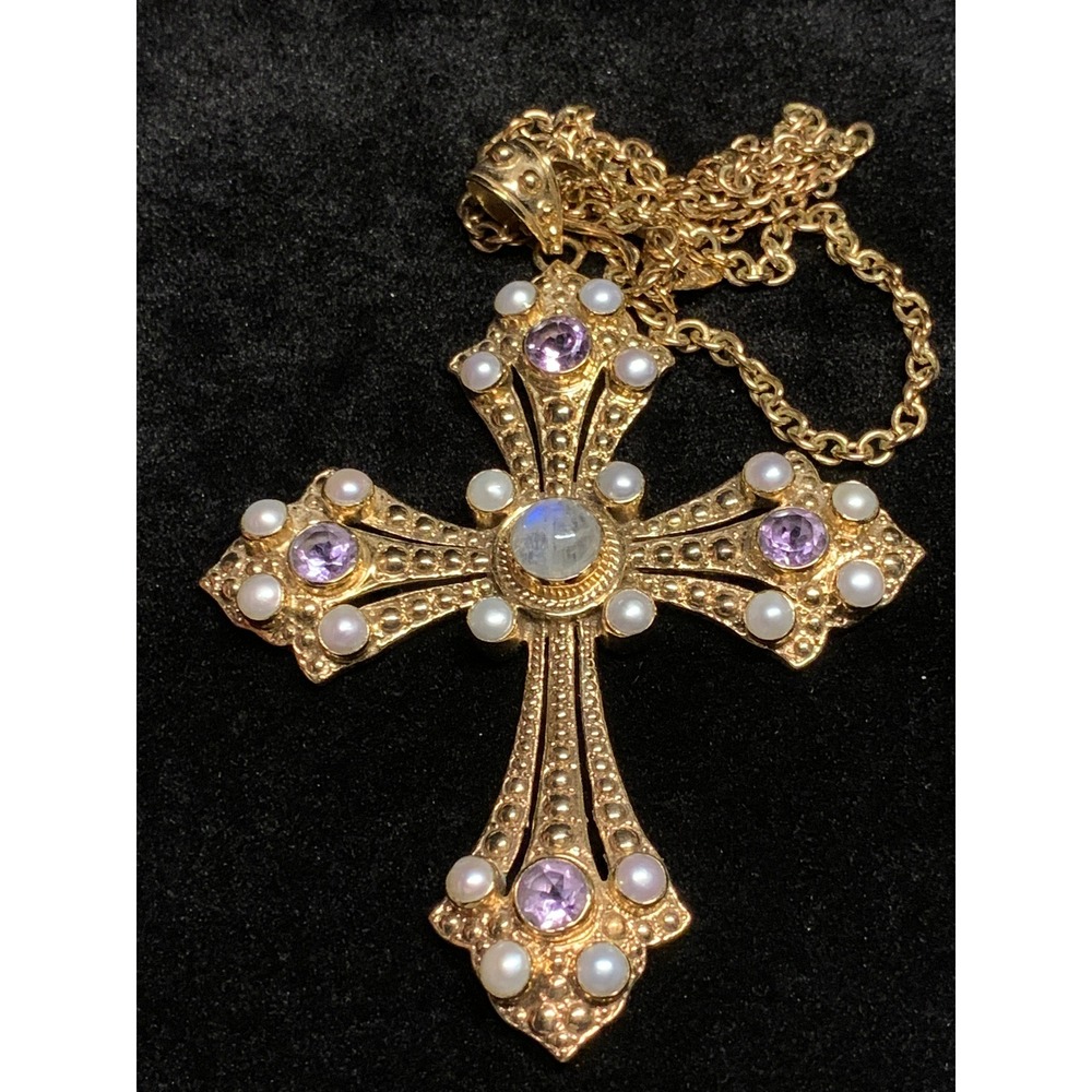 Nicky Butler Gold Tone Cross Necklace Moonstone Amethyst Pearl Byzantine Pendant